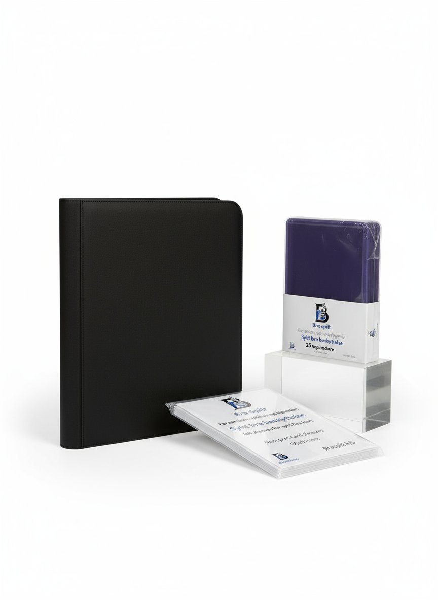 Produktbilde med toploader perm, sleeves og SYKT BRA toploader