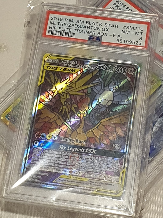 2019 POKEMON PROMO STAINED GLASS MOLTRES & ZAPDOS & ARTICUNO GX PSA 8 #SM210 Braspill AS